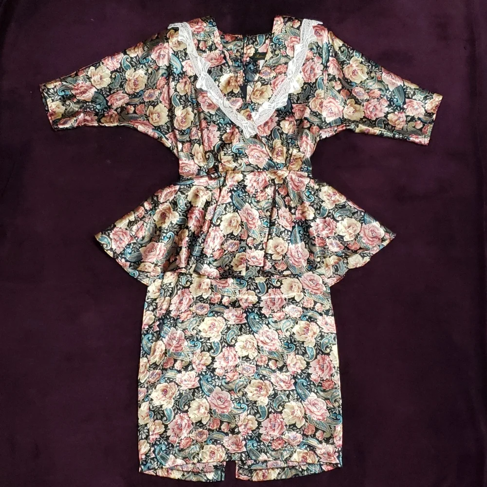 RARE!! Vintage Floral & Lace Peplum V Neck Pencil Skirt Formal Mini Midi Dress - Picture 1 of 11
